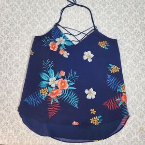 Navy Floral Express Criss Cross Front Strappy Tank Top Size XS